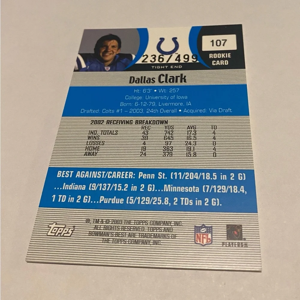 Dallas Clark 2003  RC Rookie Rare insert! Topps Football Card Refractor insert